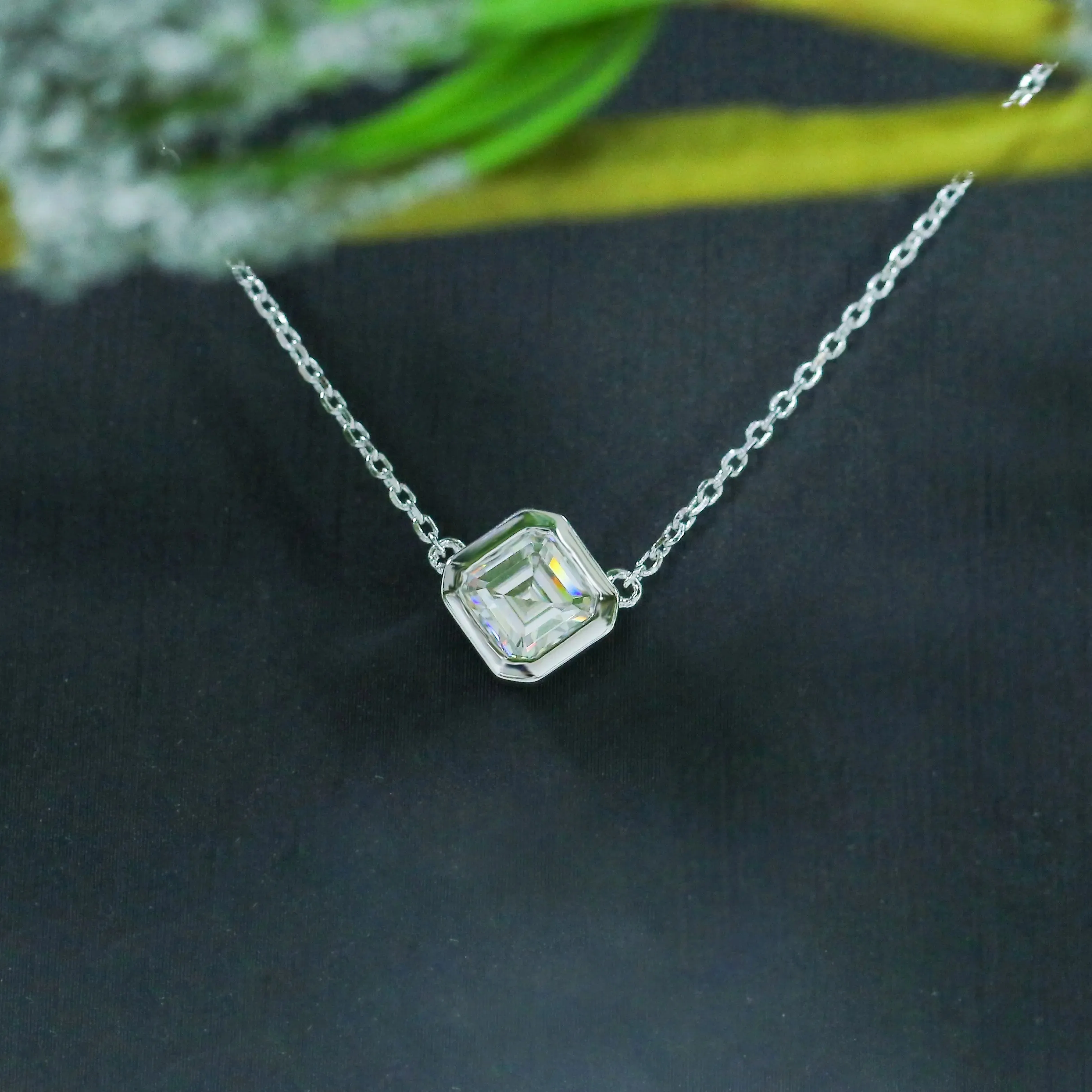 14k White Gold Asscher Cut Moissanite Necklace 1ct