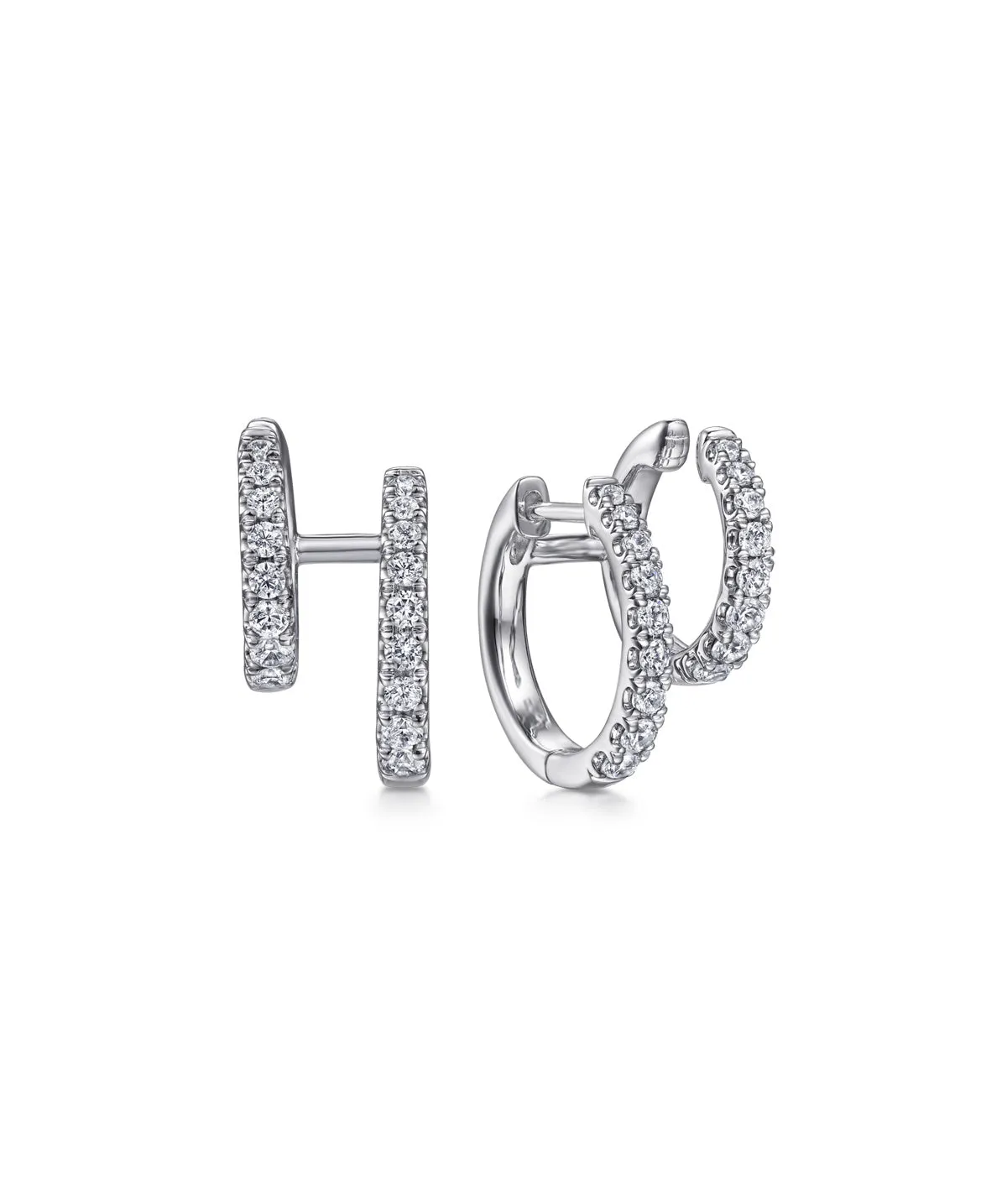 14K White Gold Diamond Double Huggie Earrings