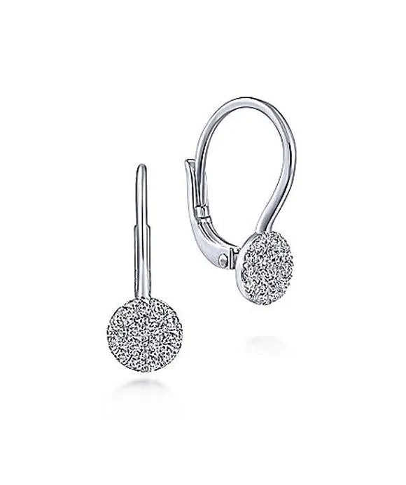 14K White Gold Round Pave Diamond Drop Earrings