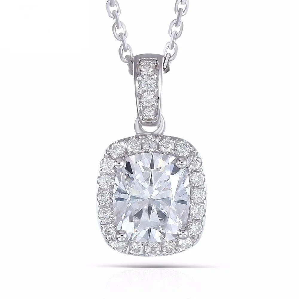 18k White Gold Halo Moissanite Necklace / Pendant 1.5ct Center Stone