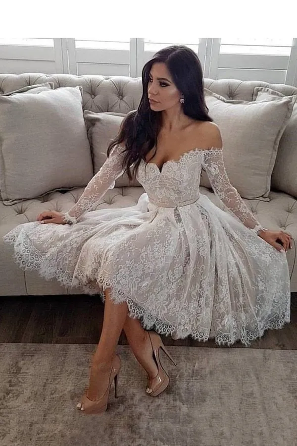 2024 Off The Shoulder Long Sleeves Homecoming Dresses A Line Lace PMRDCAZF