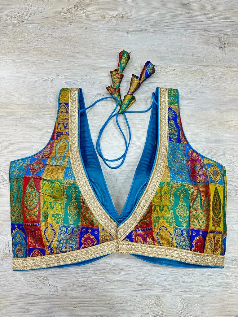 50W554-RO Blue Printed Silk Blouse with Golden Embroidery