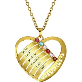 6 Birthstone Gold Mother's Necklace In Mom's Heart Pendant 6 Names