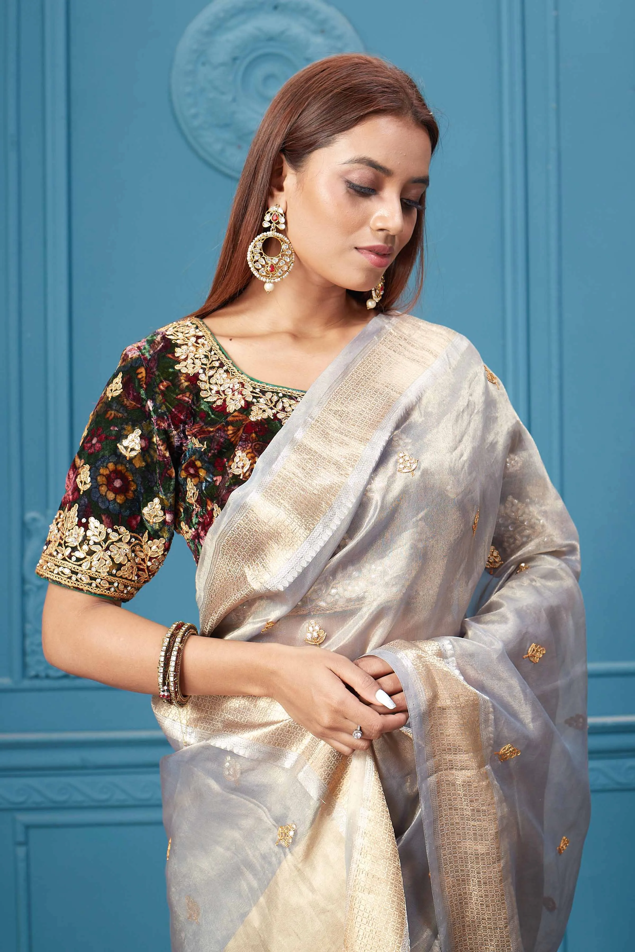 91A080 Grey Embroidered Tissue Banarasi Saree with Blouse