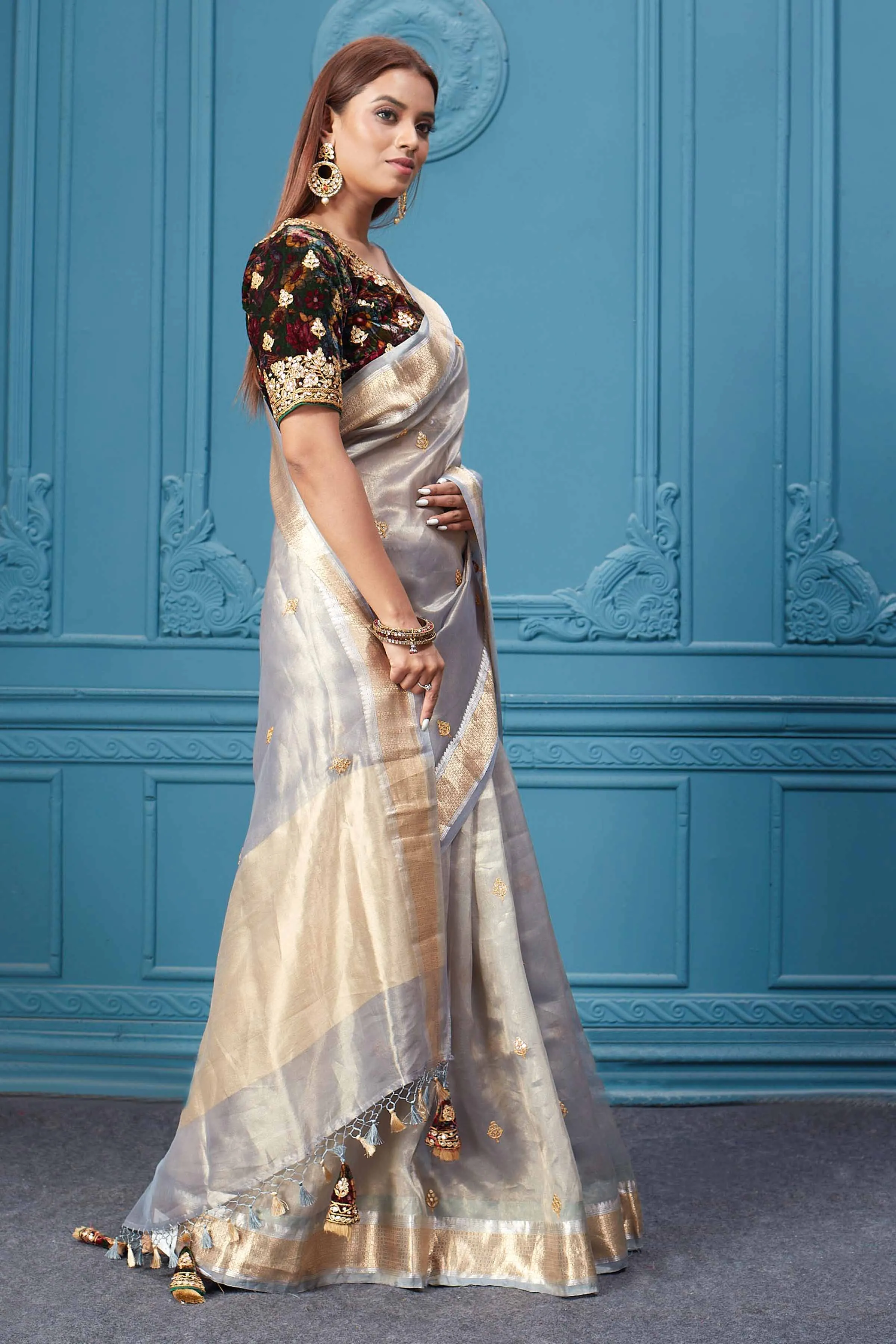 91A080 Grey Embroidered Tissue Banarasi Saree with Blouse