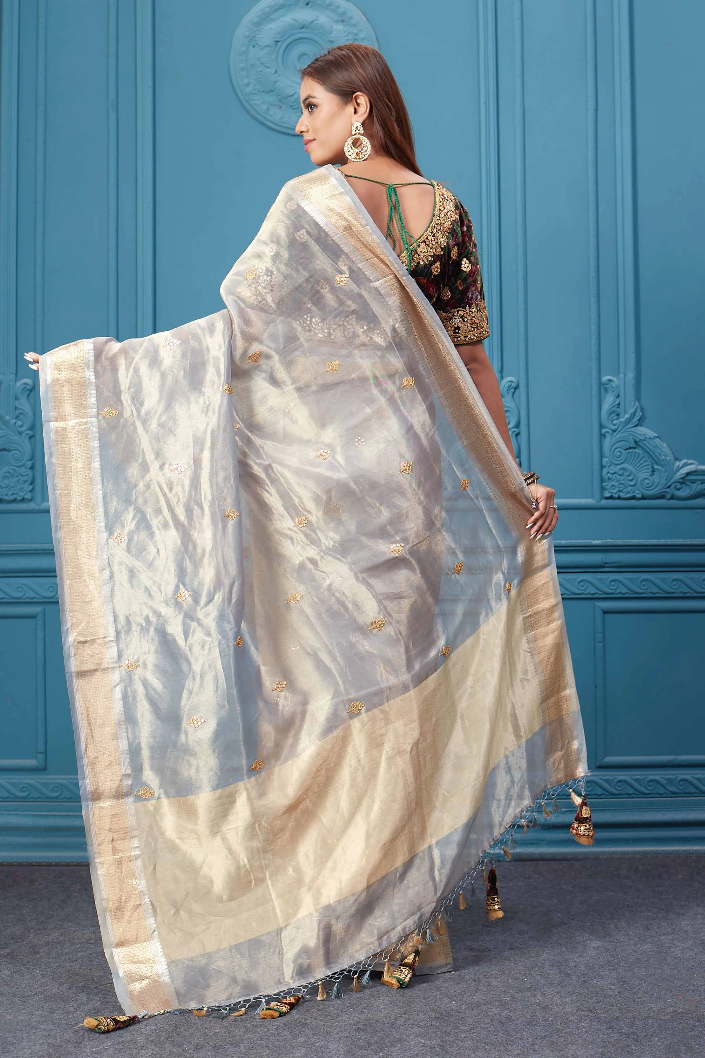 91A080 Grey Embroidered Tissue Banarasi Saree with Blouse