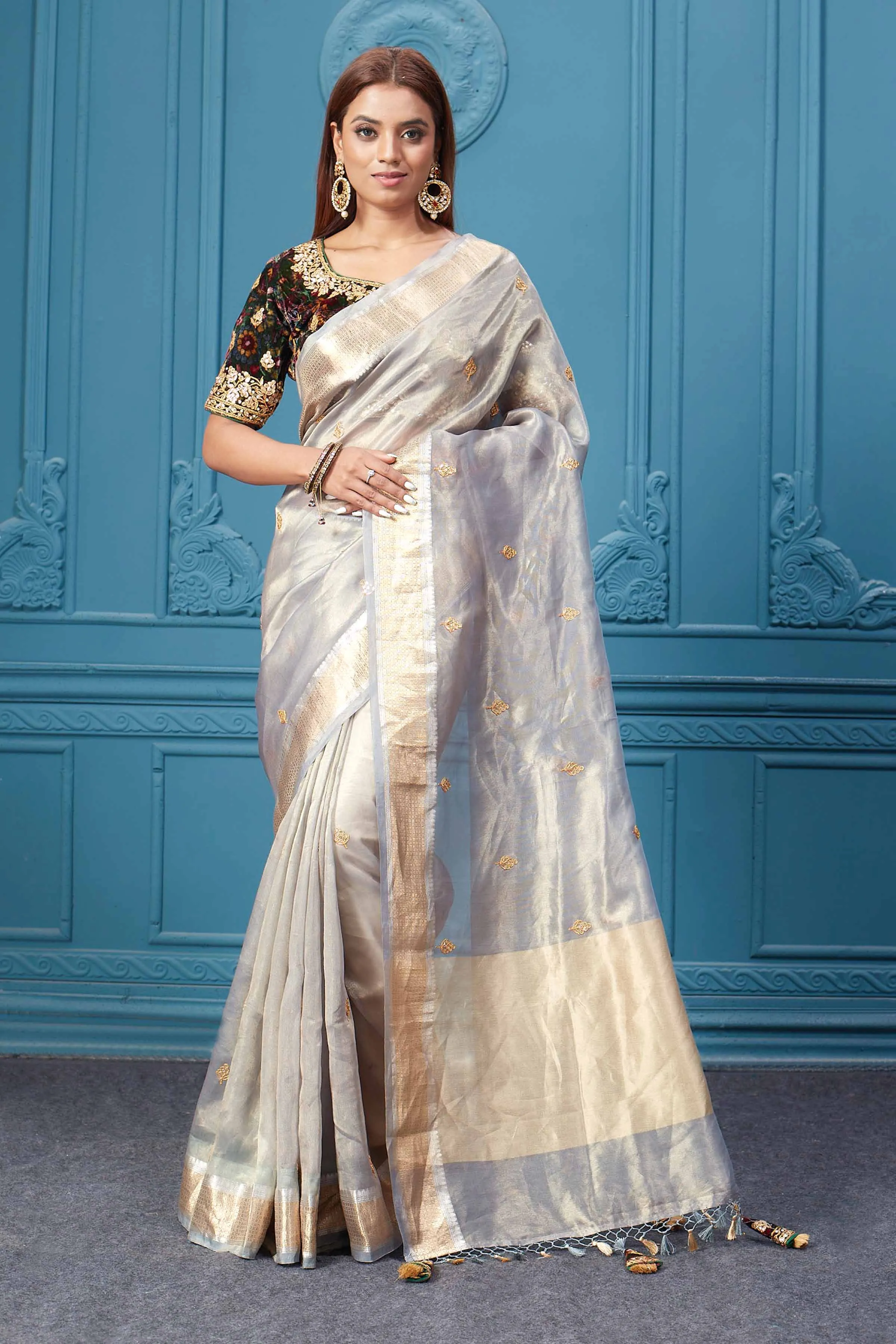 91A080 Grey Embroidered Tissue Banarasi Saree with Blouse