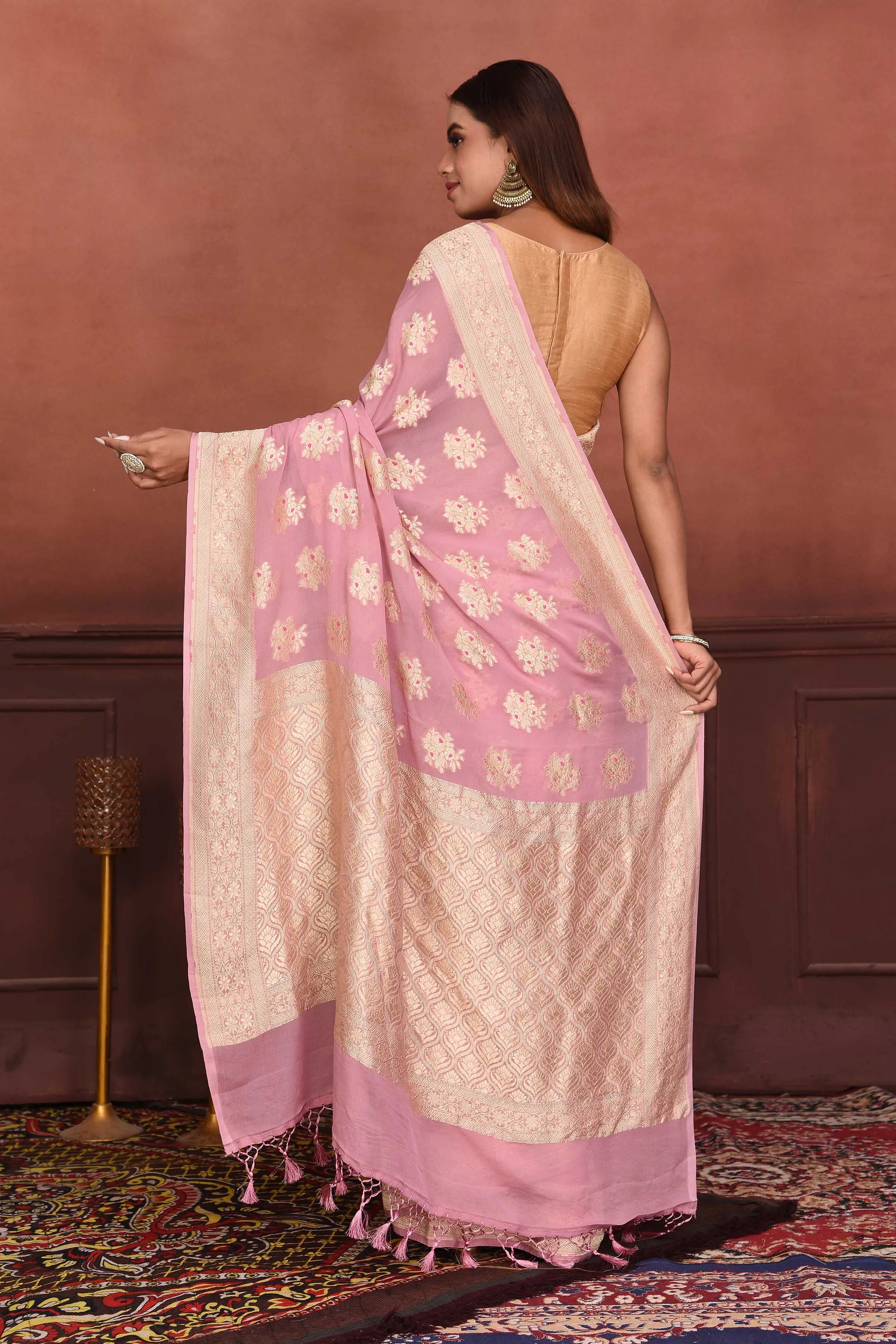 91A169-RO Pink Katan Silk Banarasi Sari with Zari Minakari Buta