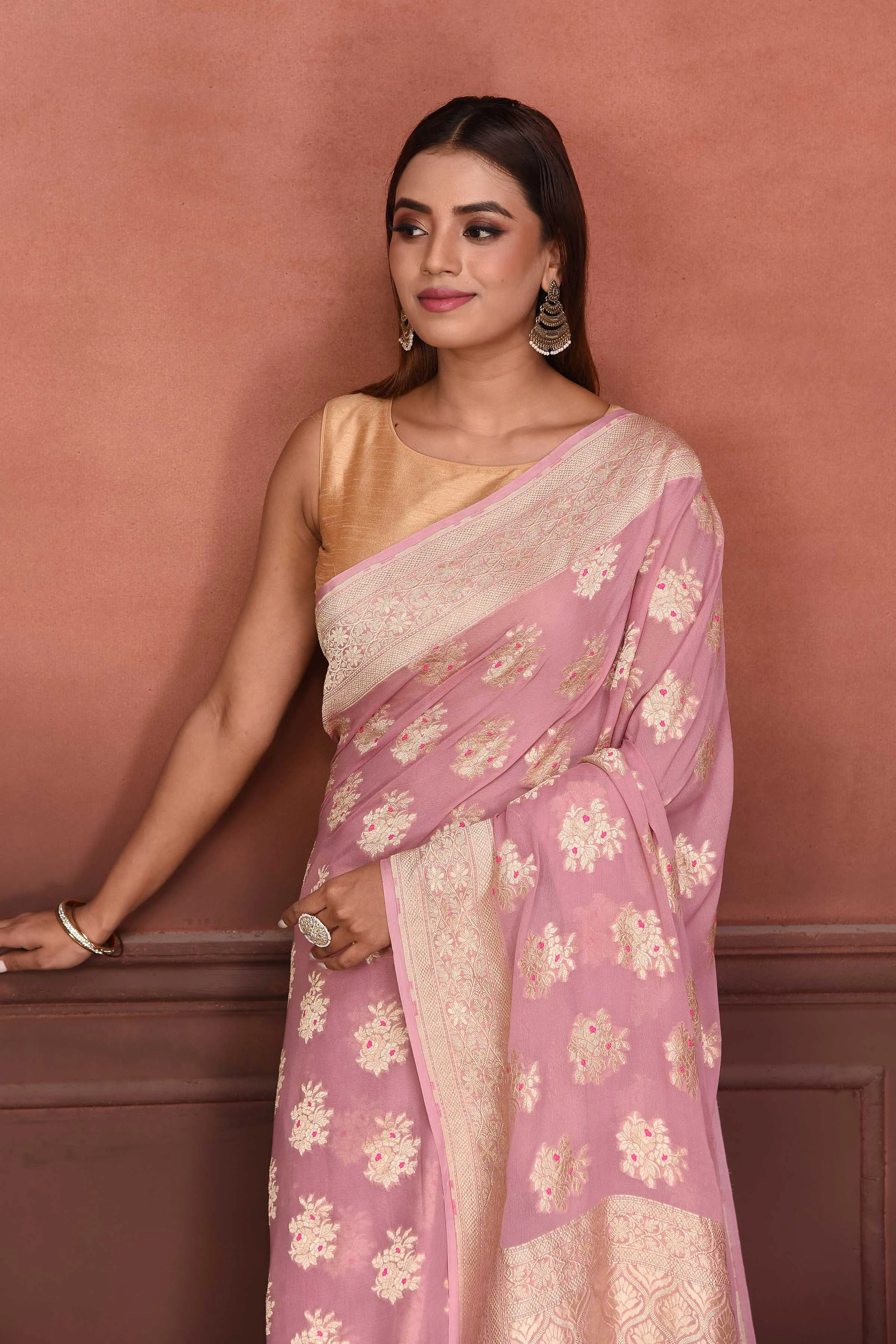 91A169-RO Pink Katan Silk Banarasi Sari with Zari Minakari Buta