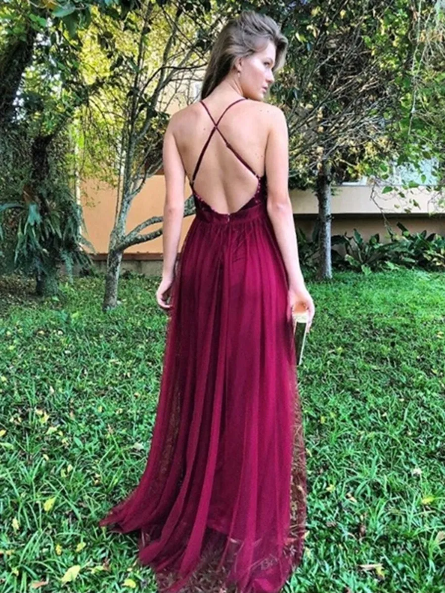 A Line V Neck Backless Sequins Top Burgundy Prom Dresses with Slit, V Neck Backless Burgundy Formal Dresses, Burgundy Evening Dresses