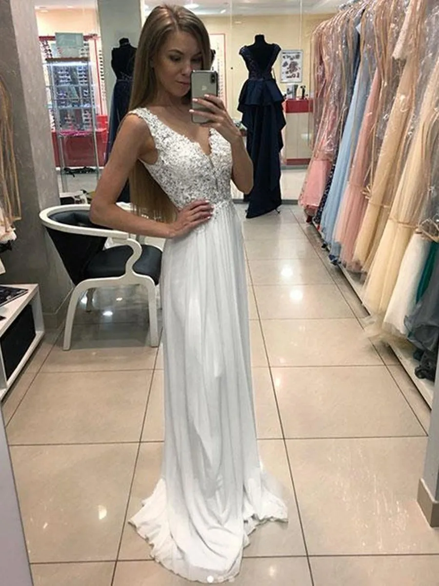 A Line V Neck Lace Beading White Chiffon Long Prom Dresses, White Lace Formal Dresses, V Neck Lace White Evening Dresses