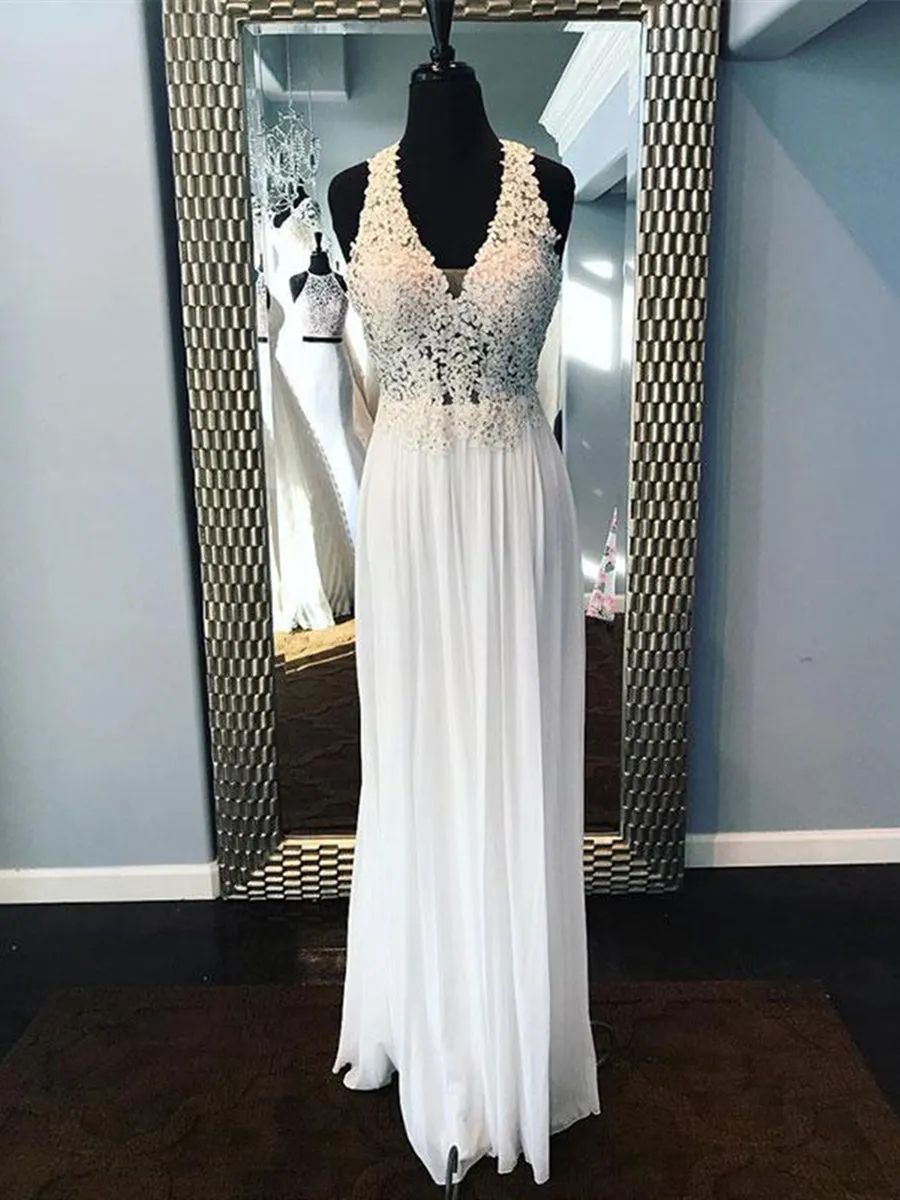 A Line V Neck Lace Beading White Chiffon Long Prom Dresses, White Lace Formal Dresses, V Neck Lace White Evening Dresses