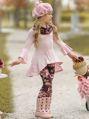 Abigail Pink Tunic, Floral Scarf And Legging Set