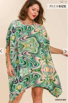 Abstract Swirl Print Boatneck Satin Tunic Kaftan