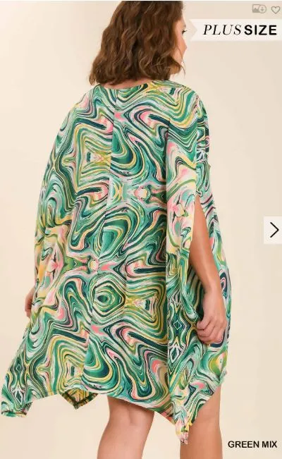 Abstract Swirl Print Boatneck Satin Tunic Kaftan