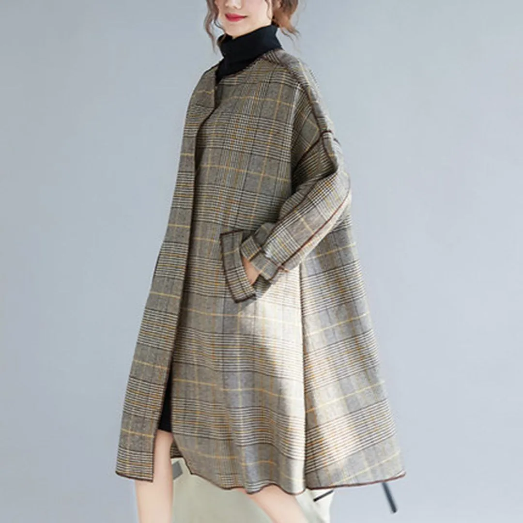 BABAKUD Plus Size Plaid Turn Down Collar Windbreaker Coat