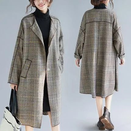 BABAKUD Plus Size Plaid Turn Down Collar Windbreaker Coat