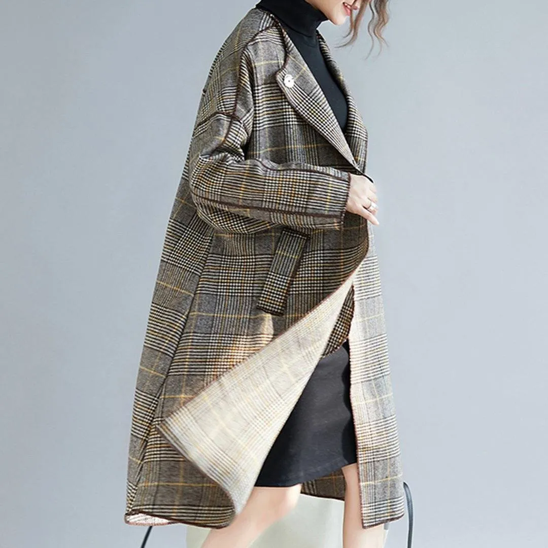 BABAKUD Plus Size Plaid Turn Down Collar Windbreaker Coat