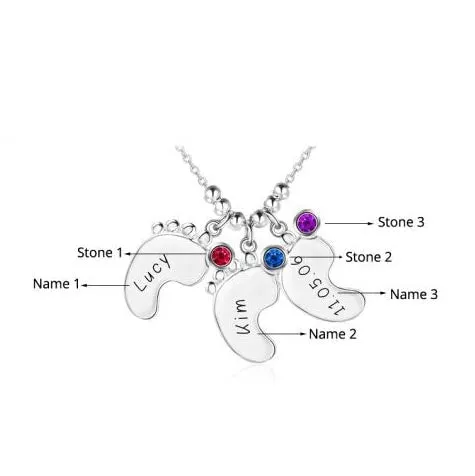 Baby Feet Mother's Neckalce - 3 Birthstones and 3 Names