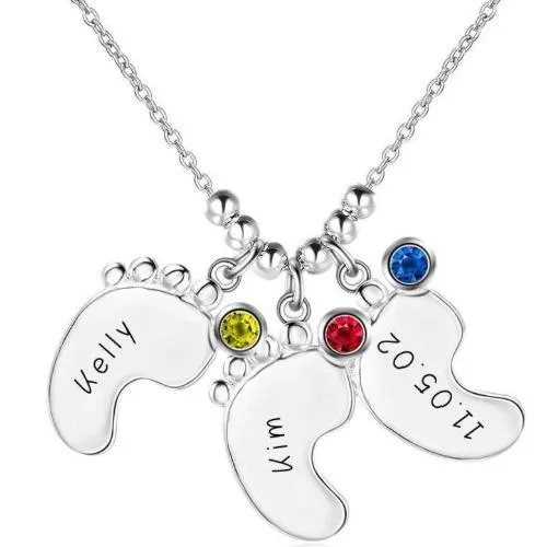 Baby Feet Mother's Neckalce - 3 Birthstones and 3 Names