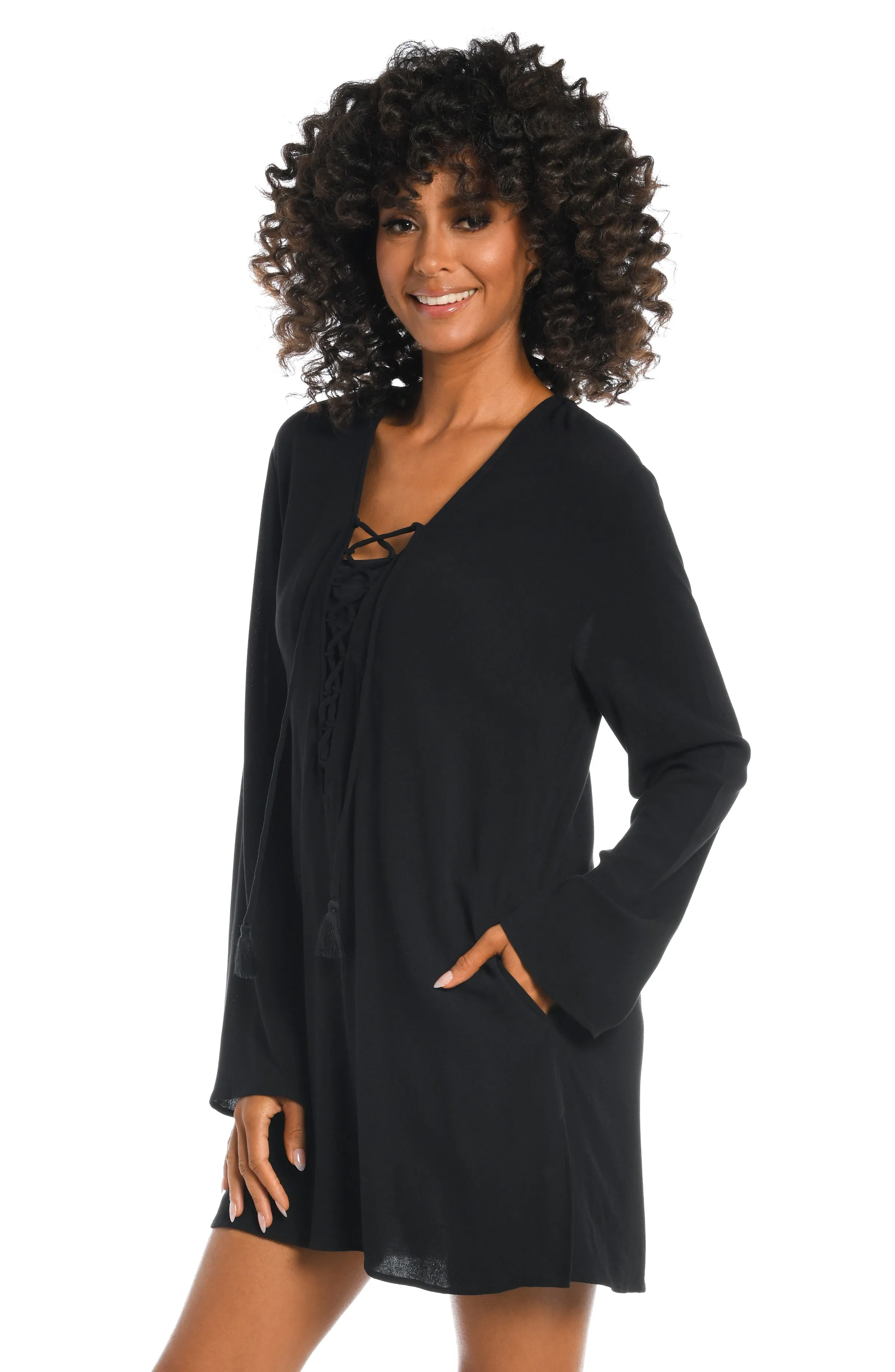 Beachcomber Basics Lace Up V-Neck Tunic - Black