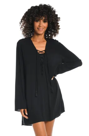 Beachcomber Basics Lace Up V-Neck Tunic - Black