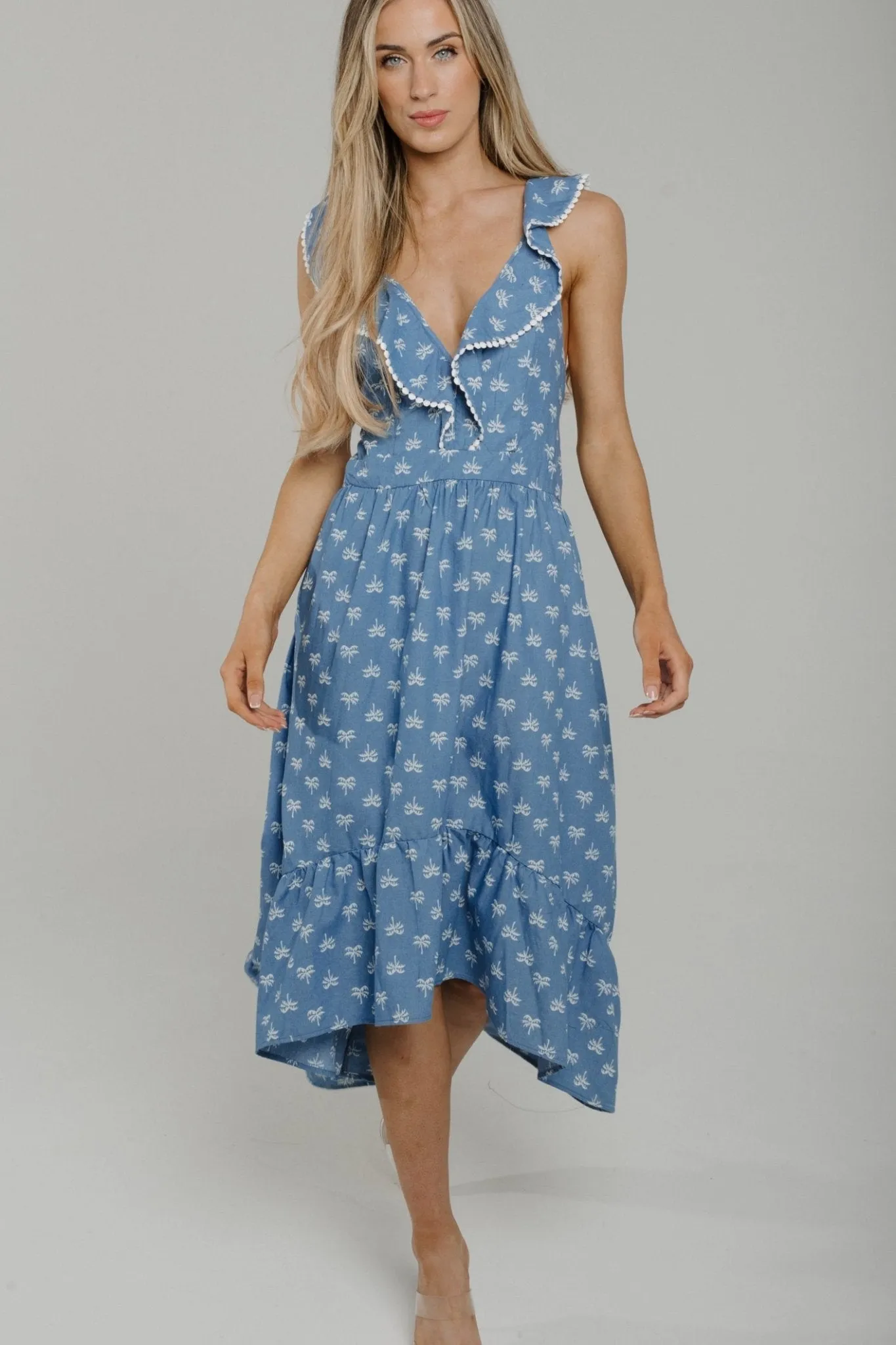 Becca Dip Hem Midi Dress In Denim