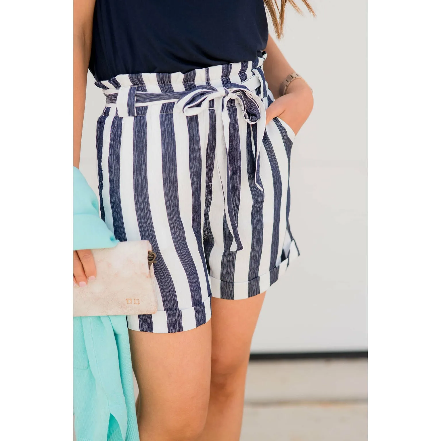 Belted Striped Pocket Shorts