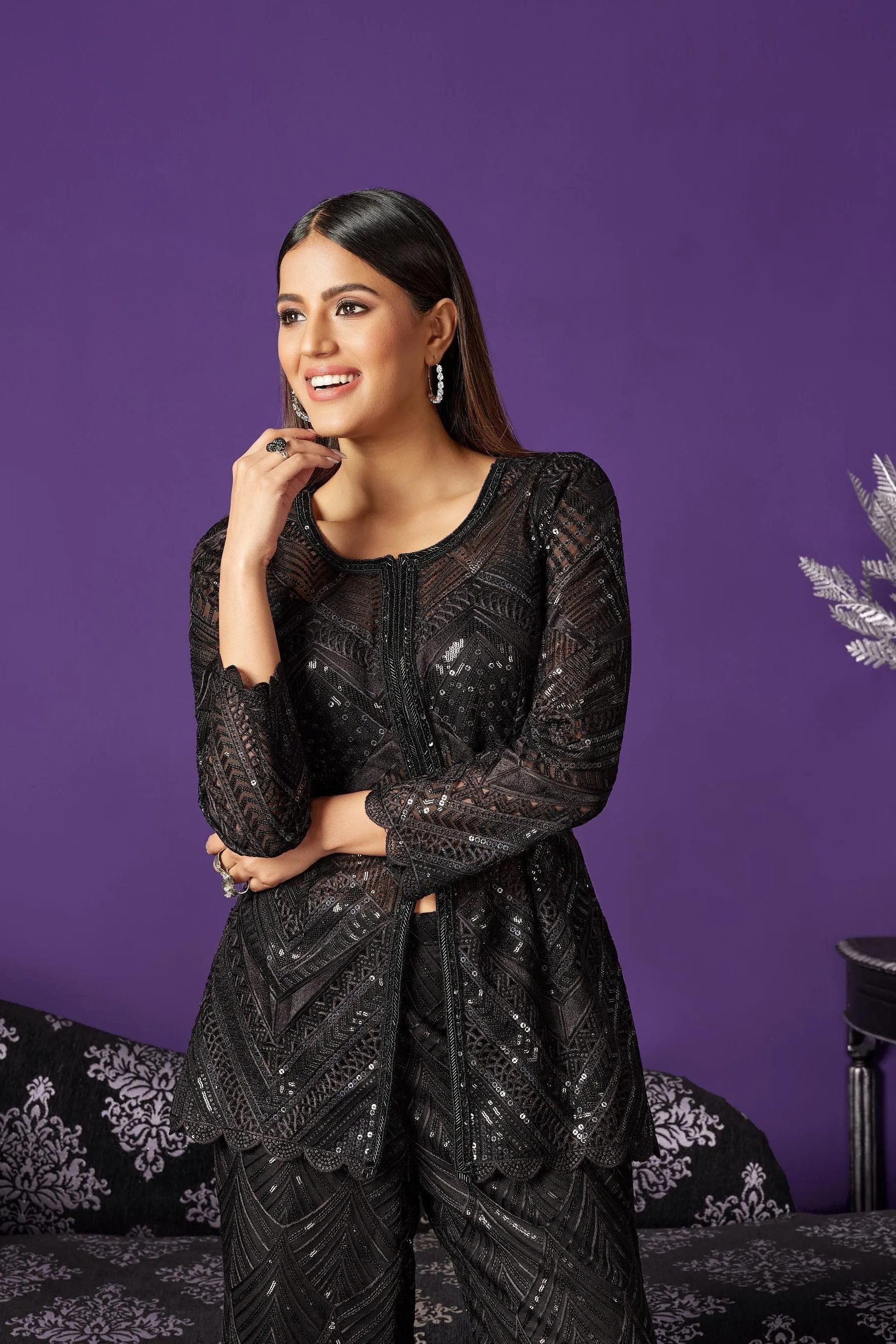 Black Embroidered Premium Net Co-Ord Set