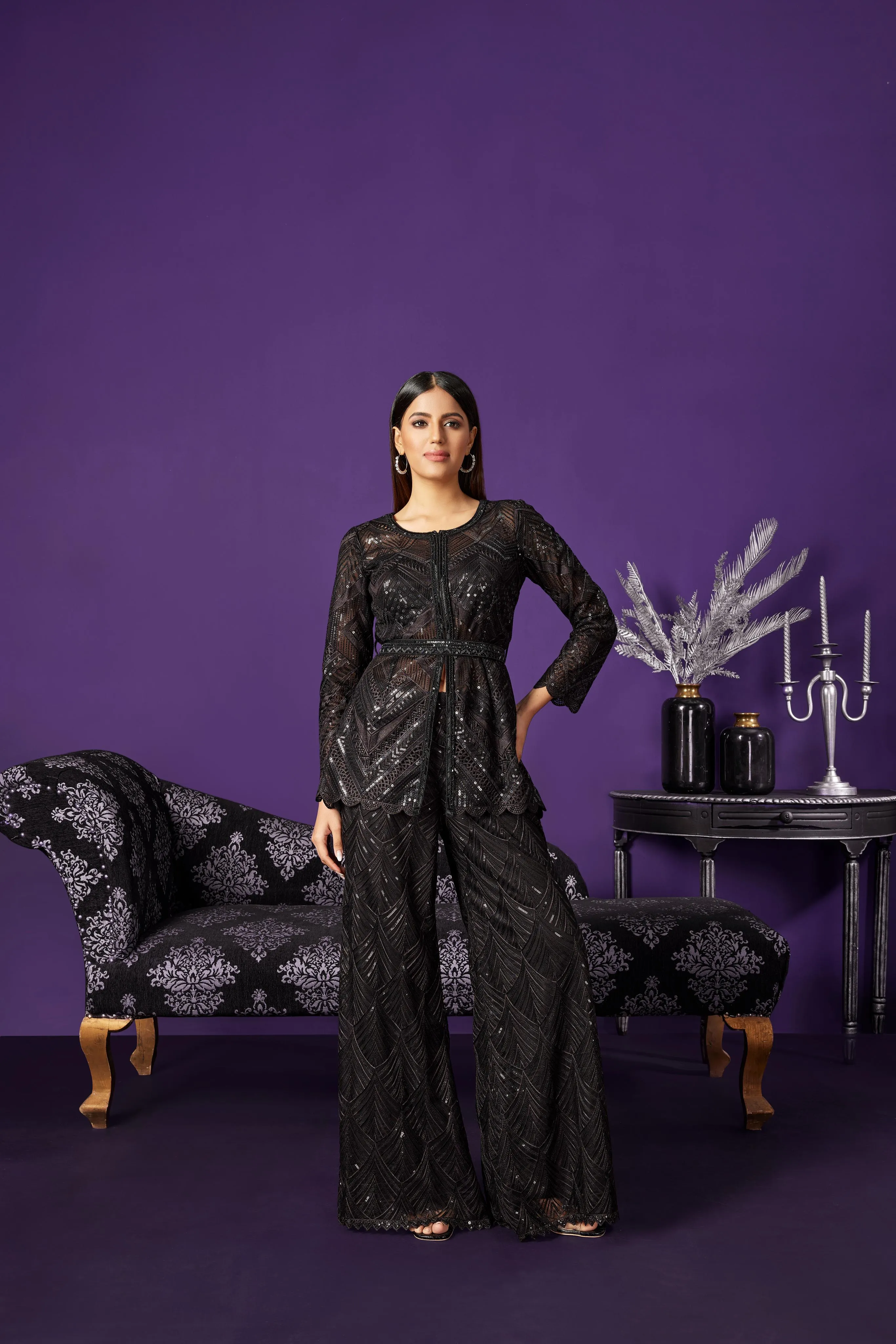 Black Embroidered Premium Net Co-Ord Set