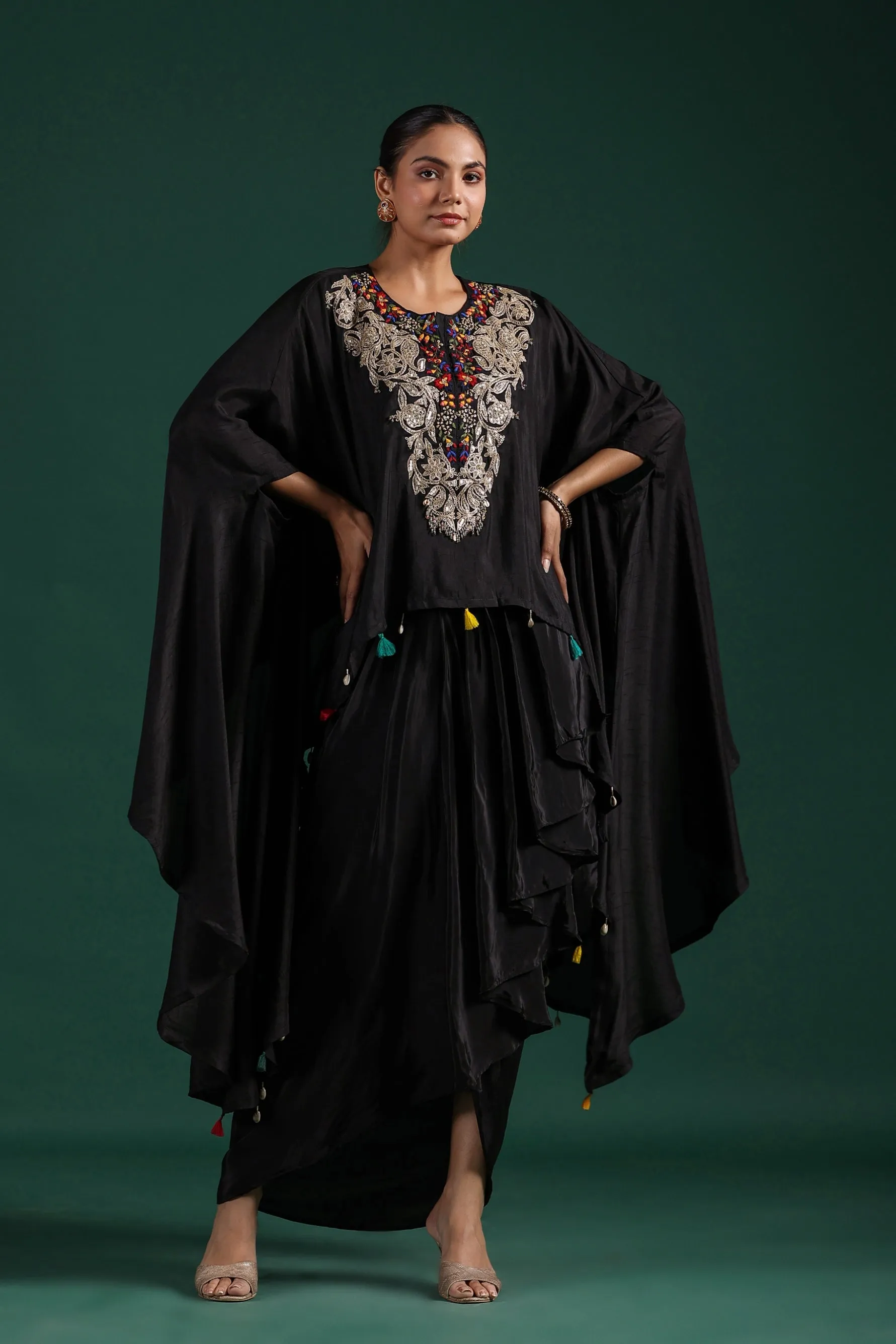 Black Embroidered Raw Silk Draped Skirt Set