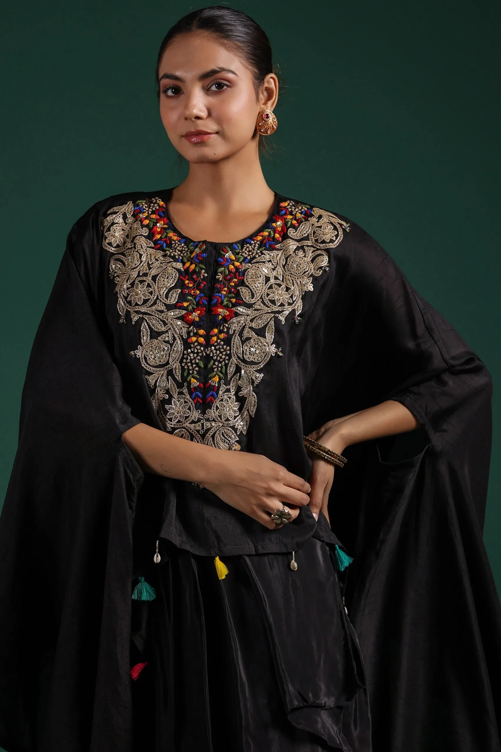 Black Embroidered Raw Silk Draped Skirt Set