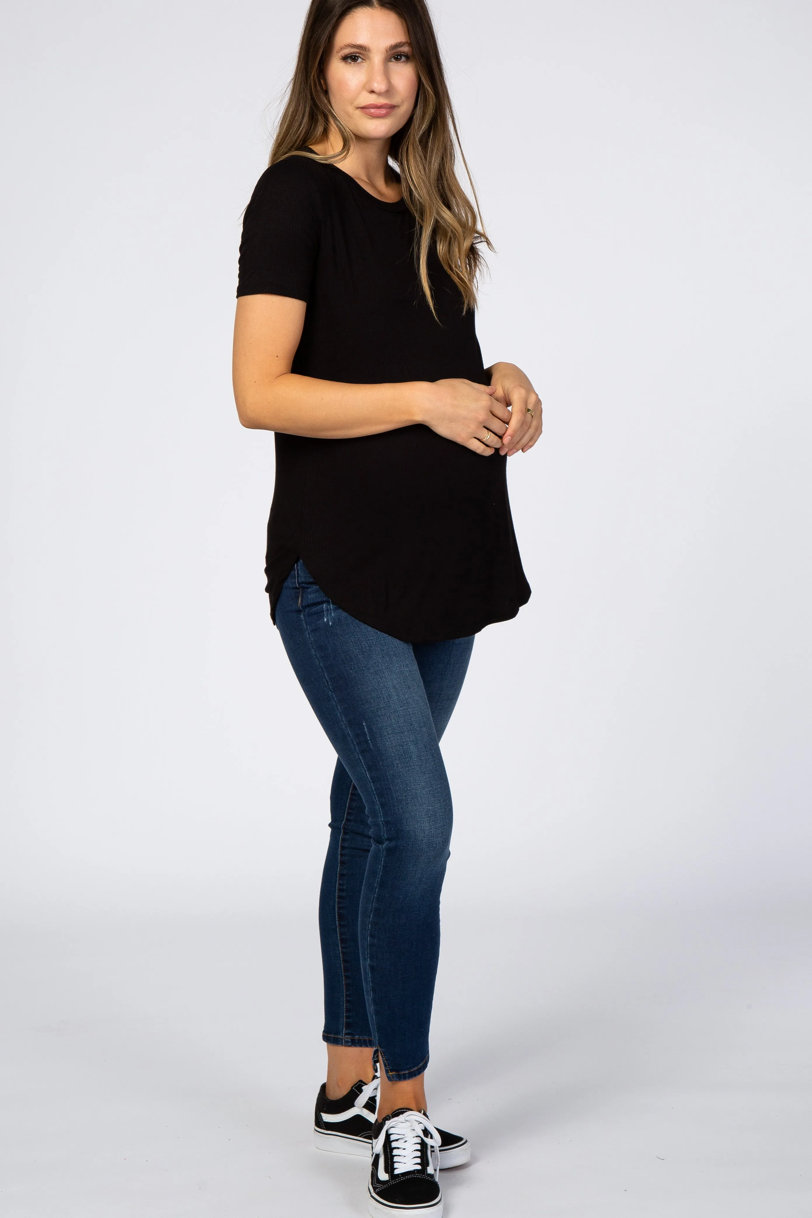 Black Ribbed Round Hem Maternity Top