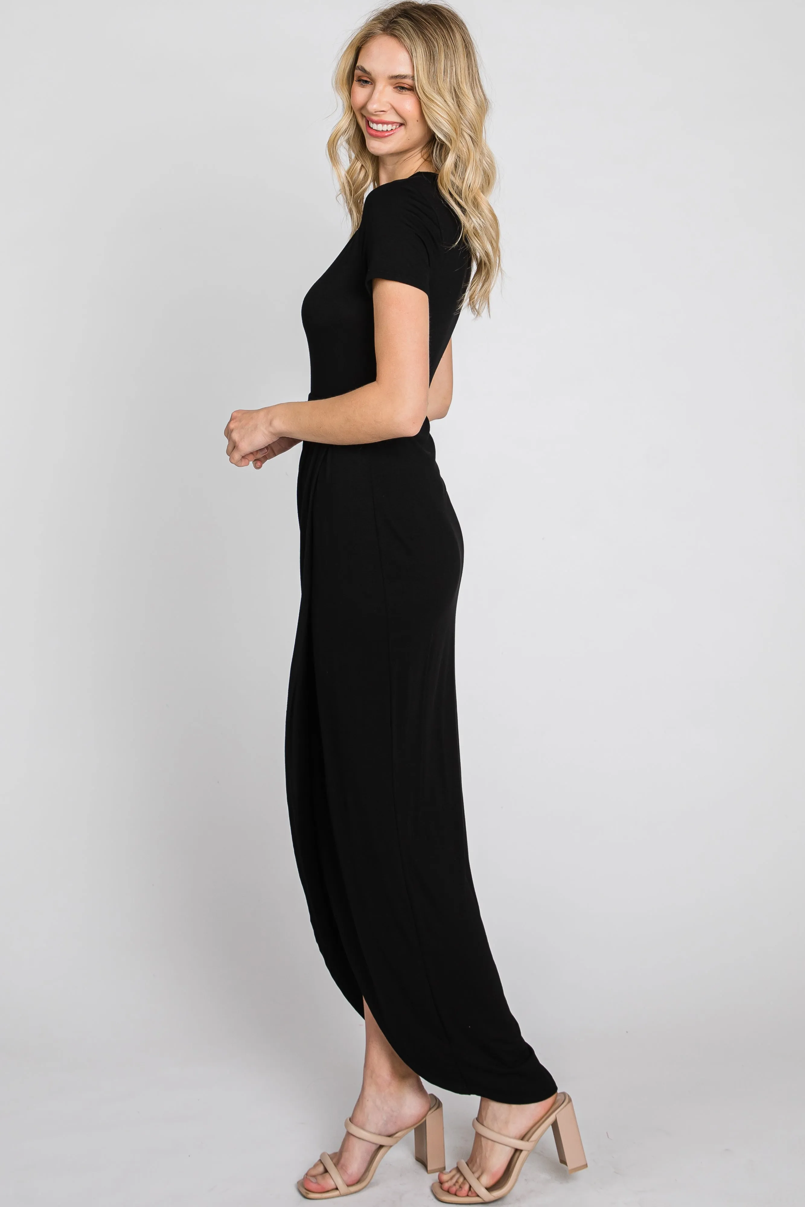 Black Short Sleeve Wrap Hem Maxi Dress