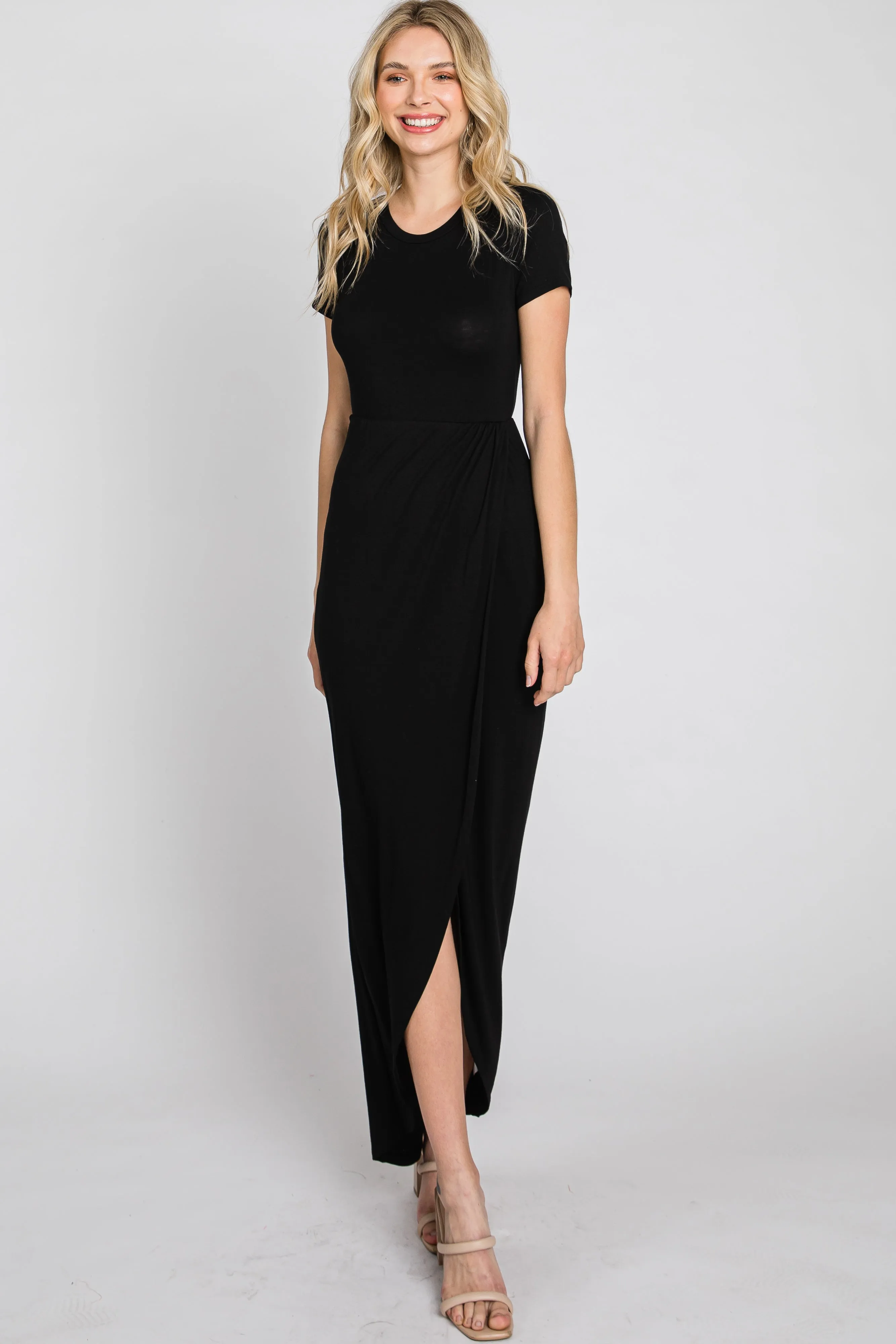 Black Short Sleeve Wrap Hem Maxi Dress