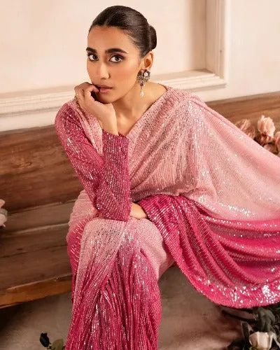 Bollywood Inspired Pink Dual Shaded Sequins Work Georgette Saree