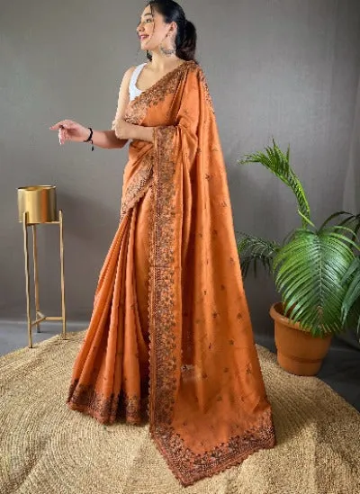 Burnt Orange Pure Soft Matka Silk Cutwork Saree