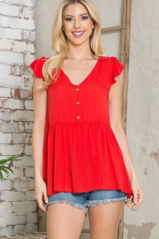 Button Trim Ruffle Sleeve Woven Baby Doll