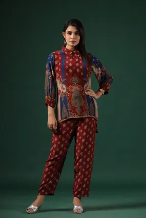 Carmine Red Ajrakh Printed Crepe Silk Co-Ord Set