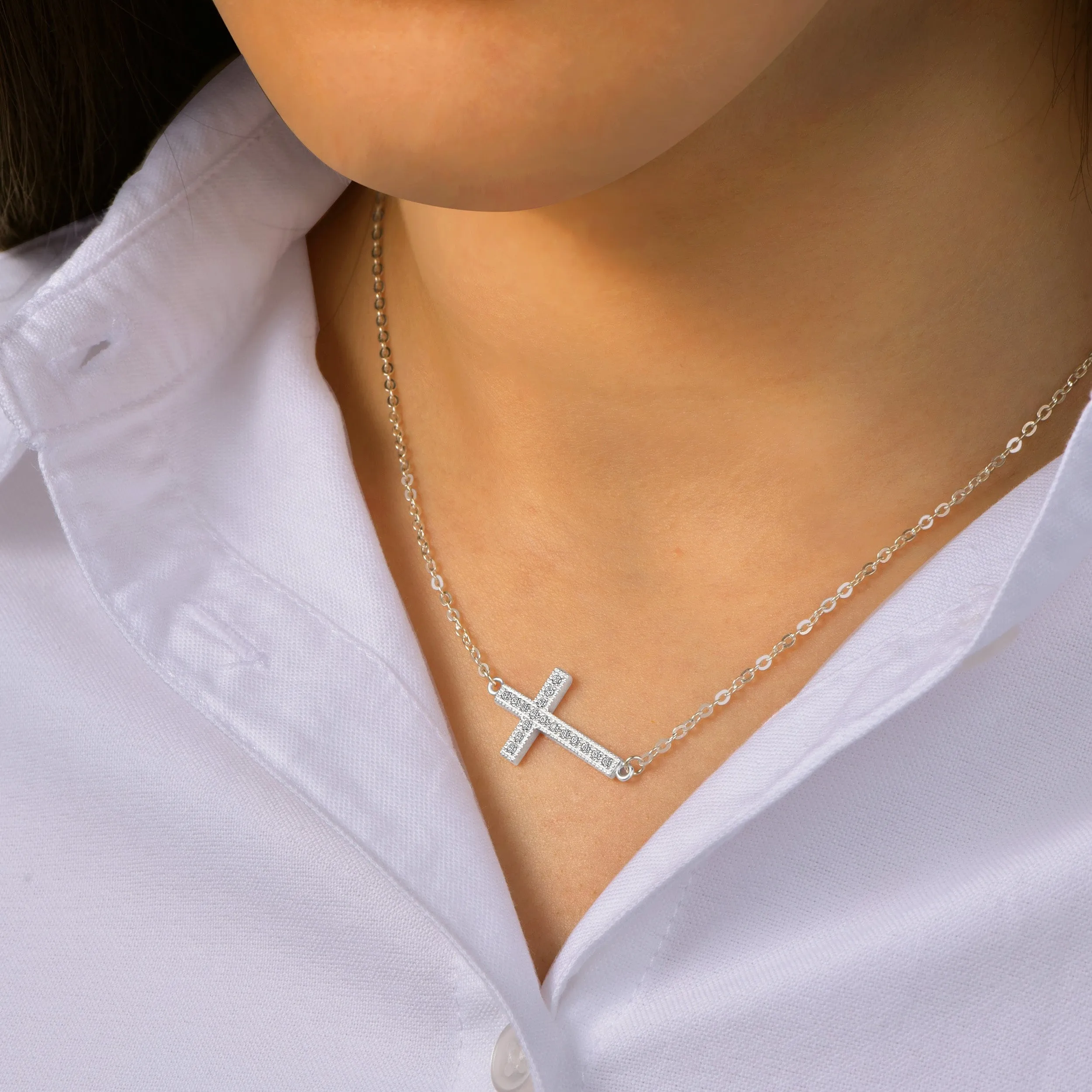 Classic Sideways Cross Necklace Sterling Silver