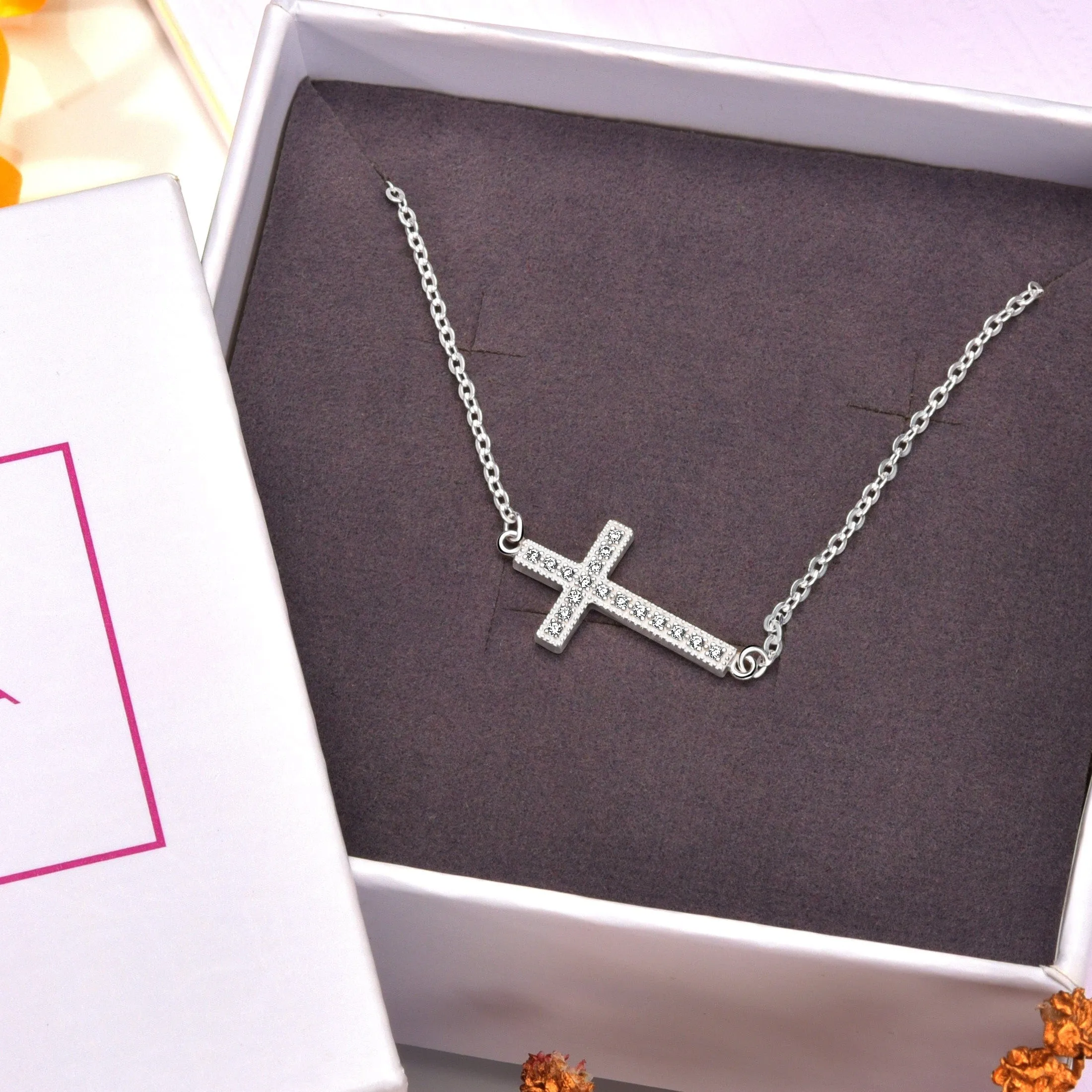 Classic Sideways Cross Necklace Sterling Silver