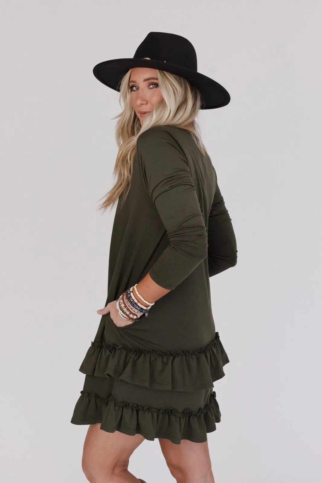 Constance Ruffle Hem Long Sleeve Dress - Olive