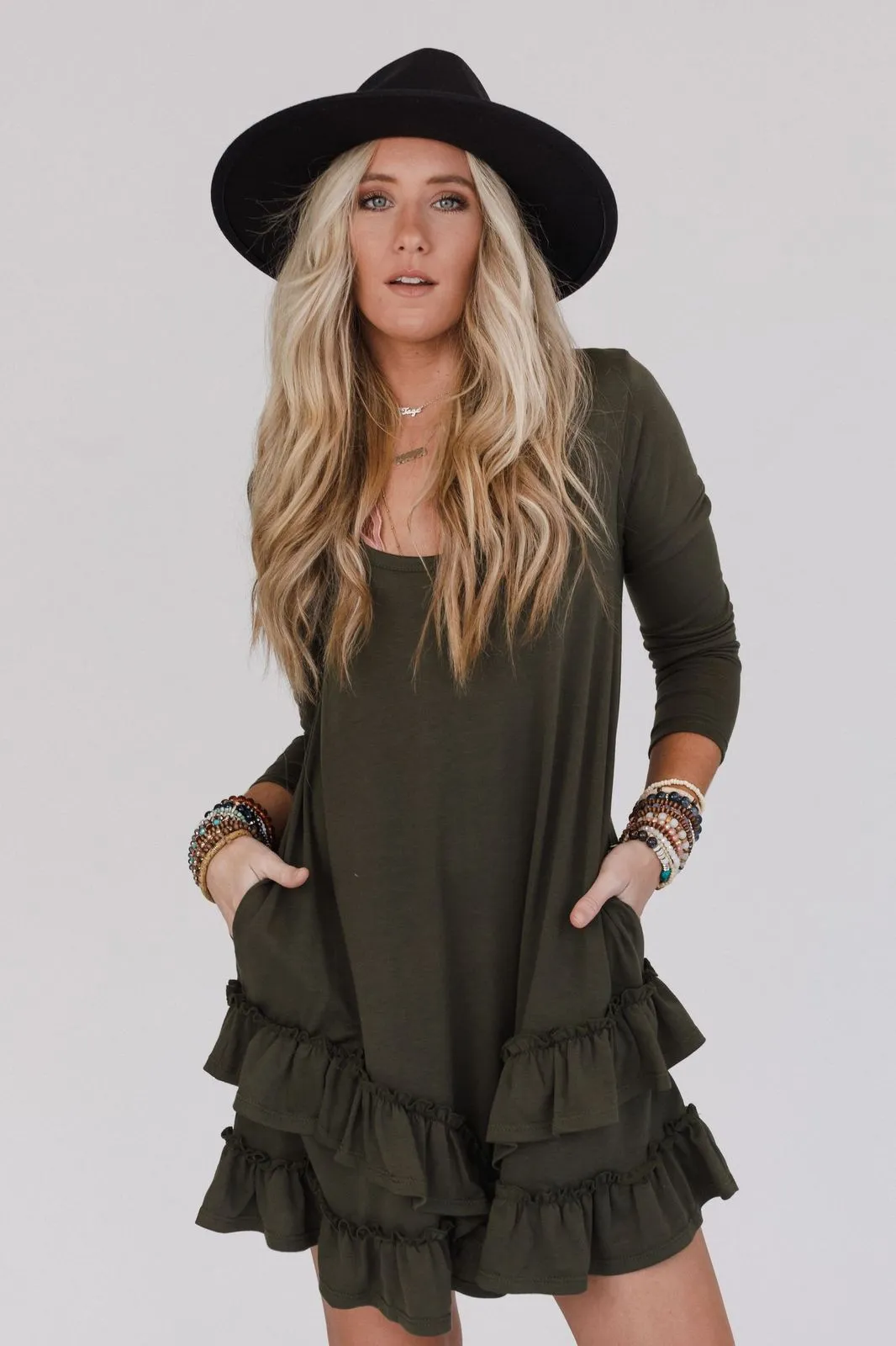 Constance Ruffle Hem Long Sleeve Dress - Olive