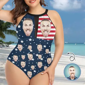 Custom Face USA Flag Women's One Piece Swimsuit High Neck Plunge Mesh Ruched Monokini Swimwear