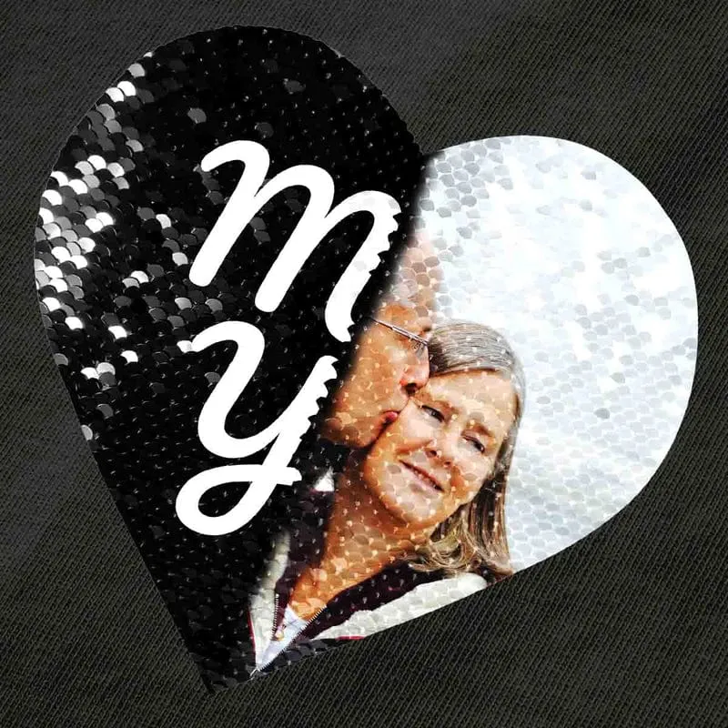 Custom Photo&Text DIY Heart Flip Sequin T-shirt Unisex Shirt Cotton Sequin Tee Mother's Day Gifts