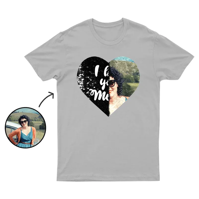 Custom Photo&Text DIY Heart Flip Sequin T-shirt Unisex Shirt Cotton Sequin Tee Mother's Day Gifts