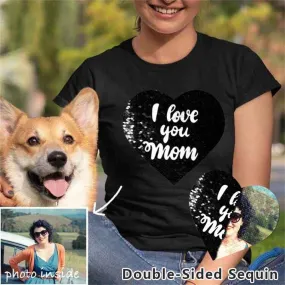 Custom Photo&Text DIY Heart Flip Sequin T-shirt Unisex Shirt Cotton Sequin Tee Mother's Day Gifts