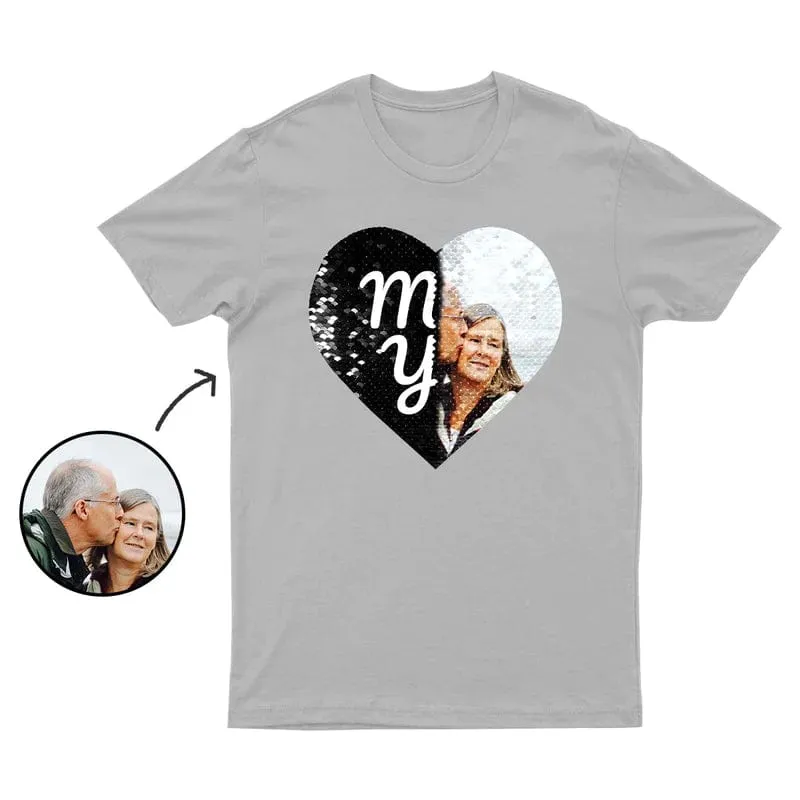 Custom Photo&Text DIY Heart Flip Sequin T-shirt Unisex Shirt Cotton Sequin Tee Mother's Day Gifts