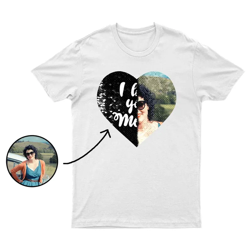 Custom Photo&Text DIY Heart Flip Sequin T-shirt Unisex Shirt Cotton Sequin Tee Mother's Day Gifts