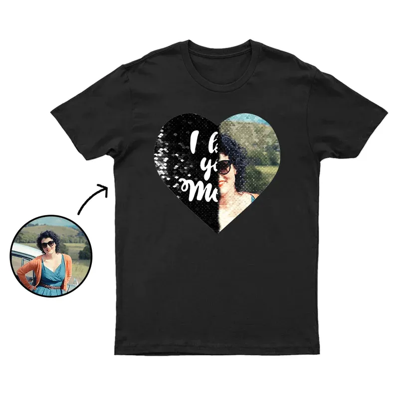 Custom Photo&Text DIY Heart Flip Sequin T-shirt Unisex Shirt Cotton Sequin Tee Mother's Day Gifts